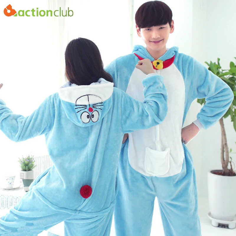 ACTIONCLUB Cartoon Blue Cat Sleepwear Women's Soft Jumpsuit Pyjamas Cute Anime Pijama Nighties Men Onesie for Adults