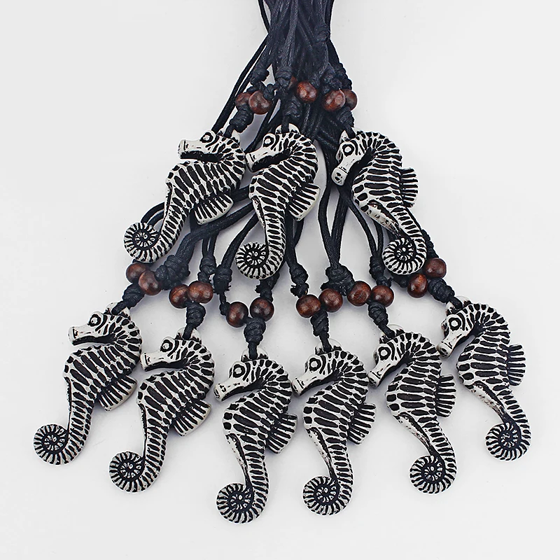 Wholesale Lot 12pcs White/Brown Tribal Yak Bone Powder Resin Carving Sea Horse Pendant Necklace