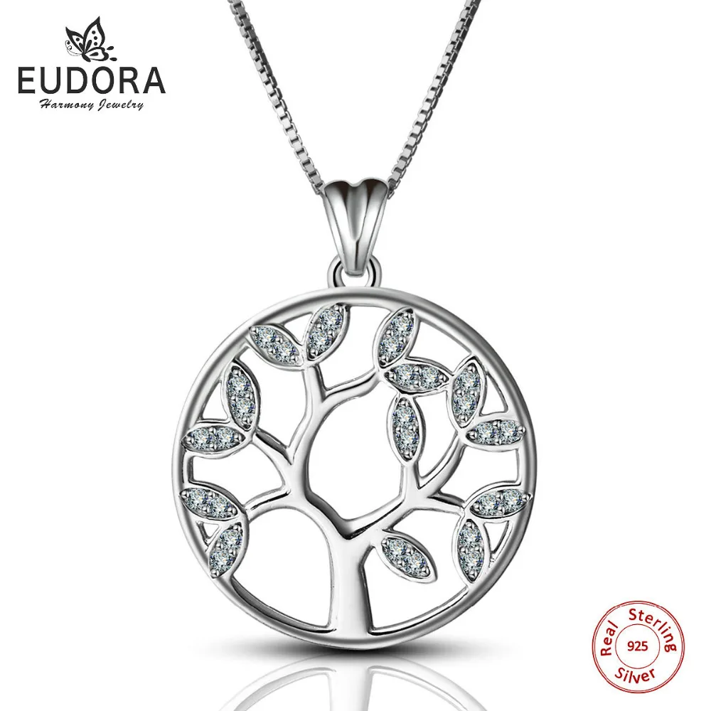 

EUDORA 100% 925 Sterling Silver Zircon Tree Leaf Pendant Necklaces for Women Family Pendants Female Fine Jewelry Nice Gift CYD43