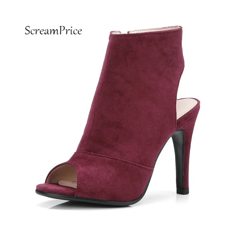 

Ladies Faux Suede Side Zipper With Peep Toe Sandals Sexy Thin High Heel Dress Summer Shoes Black Wine Red Gray