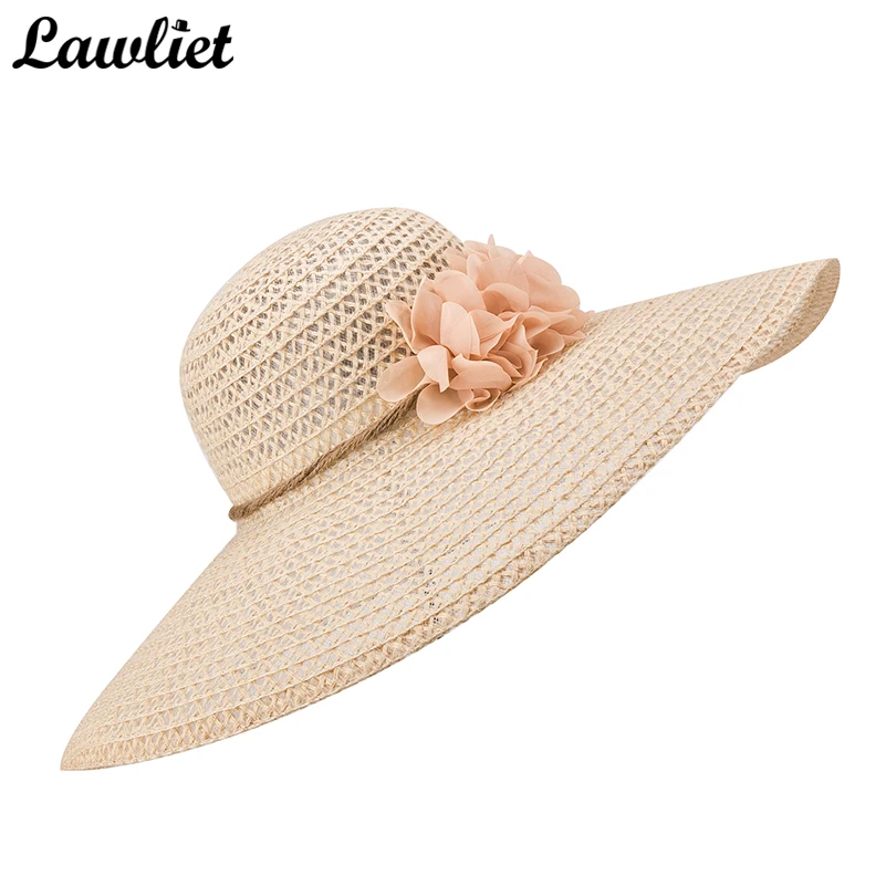 Большой широкий угол обзора с полями, солнце шляпа для Для женщин Кентукки Дерби шляпа с цветочным узором летние соломенные шляпы дамские соломенные пляжные Кепки A261