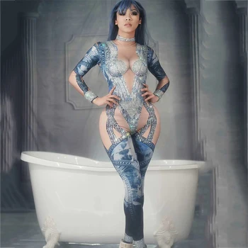 

Denim Pattern Rhinestone Jumpsuit Sexy Costume Women Stage Performance Dance Stretch Bodysuit Nightclub Party Bar Clothes DT831