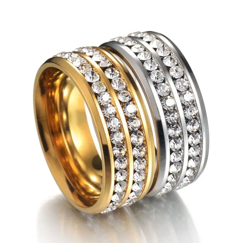 

8mm Wide Lover's Silver Gold Stainless Steel Ring Double Rows Bling Rhinestons Rings Men Women Romantic Wedding Bague Bijoux
