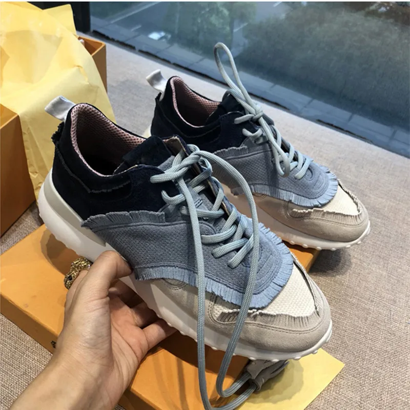 

19SS Mixed Color Fringed Suede Thick Platform Casual Shoes Round Toe Lace Up Sport Sneakers Soft Flats Trainers Woman Shoes