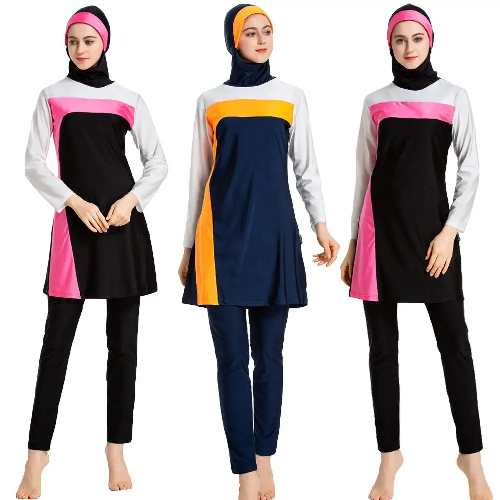 

Muslim Women Swimwear Beachwear Swimsuit Full Cover Modest Burkini Arab Islamic Costume 3PCS Patchwork Color Block Bathing Suit