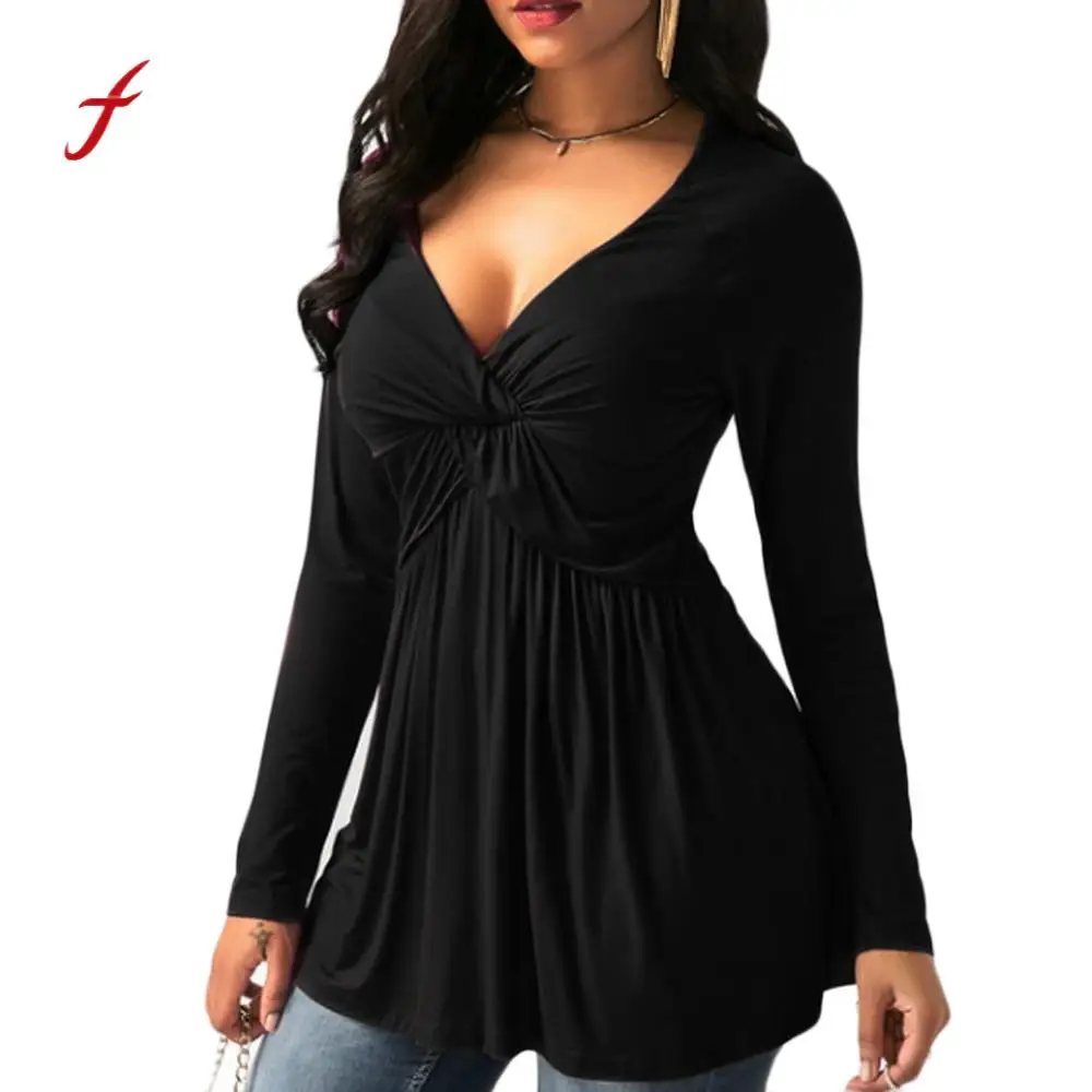 Сексуальная Блузка с глубоким v-образным вырезом, топы размера плюс, женская модная однотонная расклешенная блуза с длинным рукавом, Roupas Femininas/PY