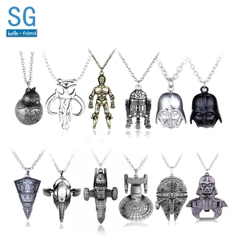 

SG 20pcs Star Wars Necklaces Pendants Robot R2D2 Darth Vader Mask Falcon Han Solo Lucky Dice Keyring Men Jewelry Gift