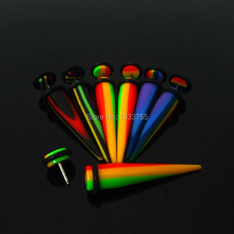 

free shipping Retail ear piercing illusion cheaters 1 pair 8mm rasta reggae color ranbow color acrylic fake tapers