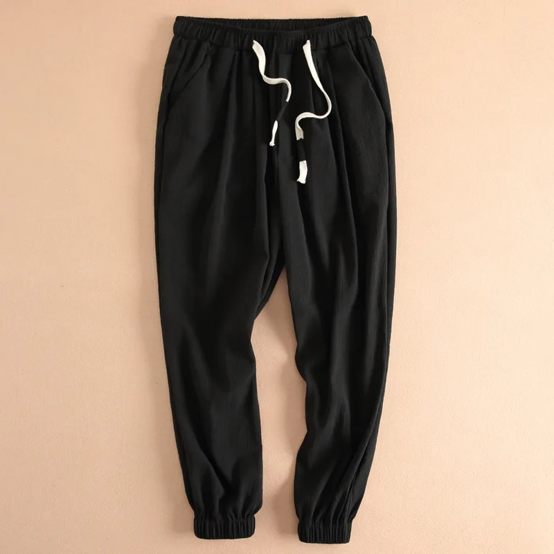 

Men Summer Fashion Brand Japan Style Simple Elastic Waist Loose Linen Ankle-length Pants Male Casual Thin Harem Pants Trousers