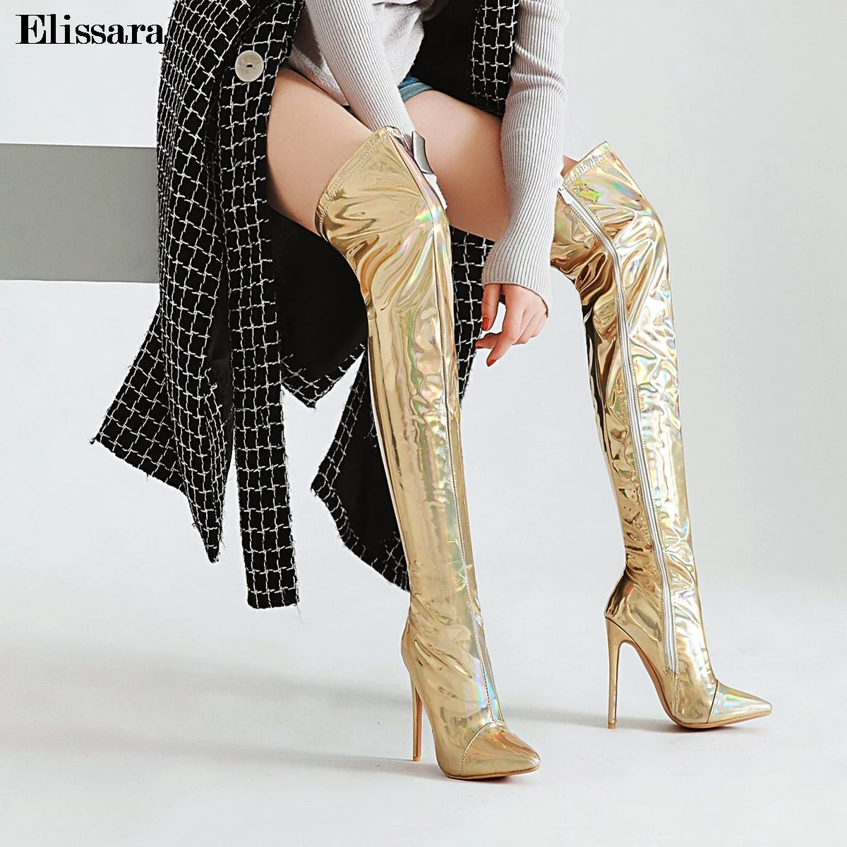 

Women Glitter High Heels Winter Over Knee Boots Woman Zip Gradual Change Color Nightclub Long Boots Shoes Size 33-47 Elissara