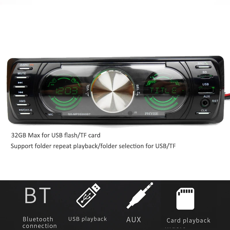 1 din Radio de coche Bluetooth Pantallas duales Audio estéreo MP3 ID3 WMA USB TF A2DP Manos libres ISO Unidad principal PHYEE SX-MP33300BT