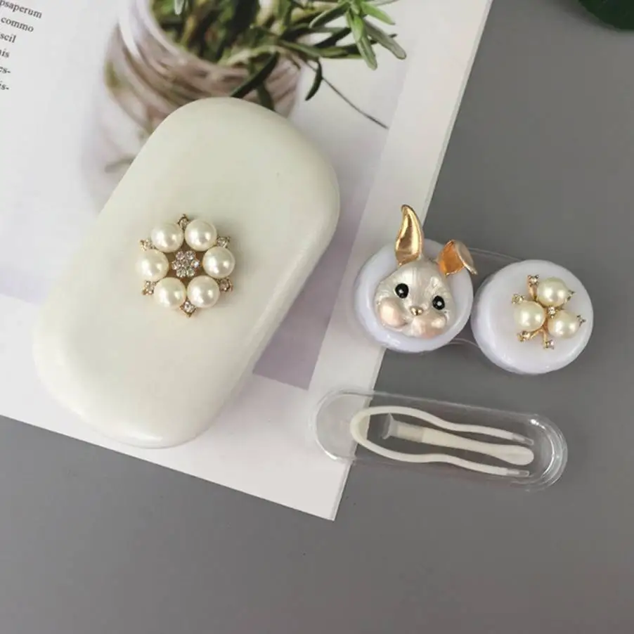 HOT Sell Cute Cartoon Fox Rabbit Contact Lens Case Luxury Pearl Contact Lenses Box For Men and Women Portable Holder Travel kit - Цвет: A  White Rabbit