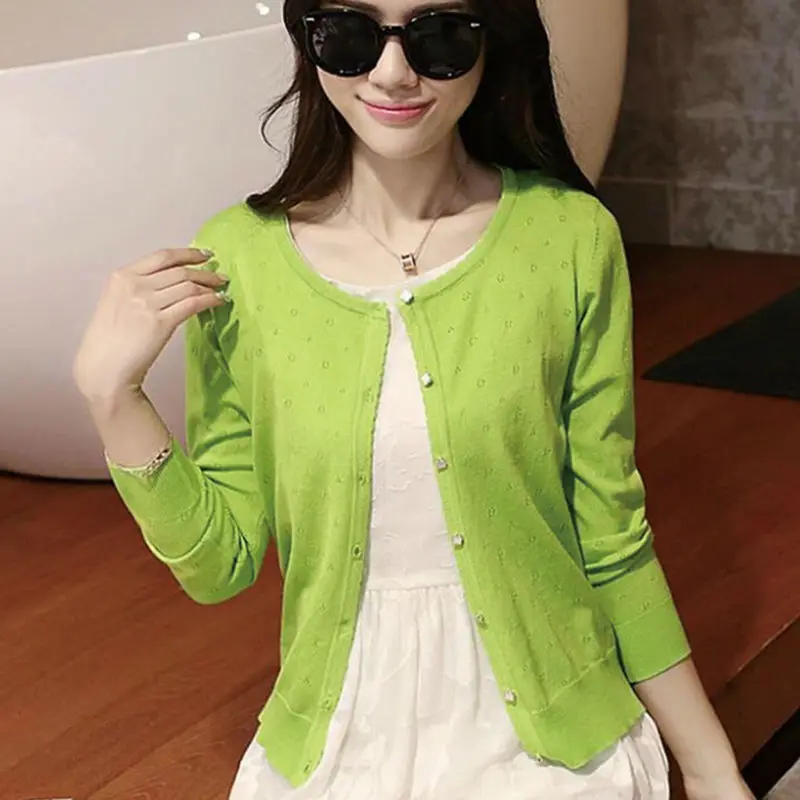 Осень женский тонкий вырез с длинными рукавами кондиционер рубашка пальто кардиган свитер - Цвет: Зеленый