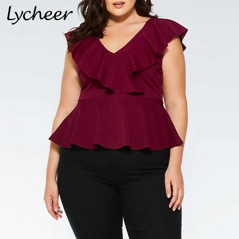 

Lycheer 2019 Plus size ruffle neck sleeve knit top Big size off shoulder cami bodycon Casual summer workwear ruffled hem tops
