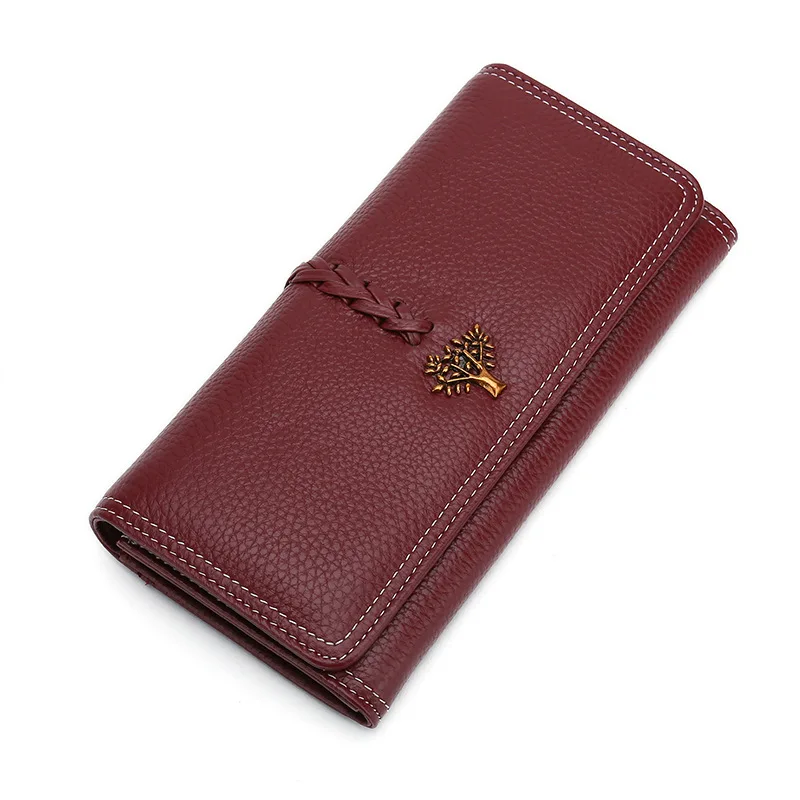 

Tree Design 100% Handmade Knitting Women Long Wallet Natural Soft Leather Ladies Daily Coin Purse Togo Leather Card Holder