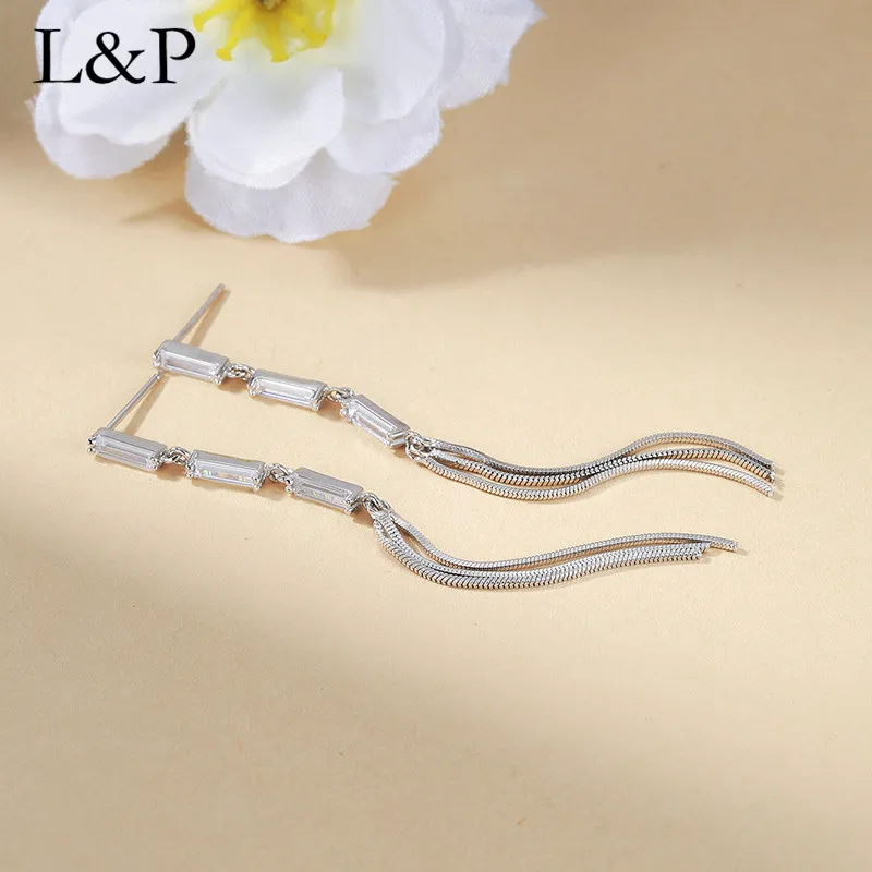 L&ampP Fashion Authentic Tassels Zircon Long Earrings 925 Sterling Silver Fine Jewelry For Women Wedding Engagement Christmas Gift |