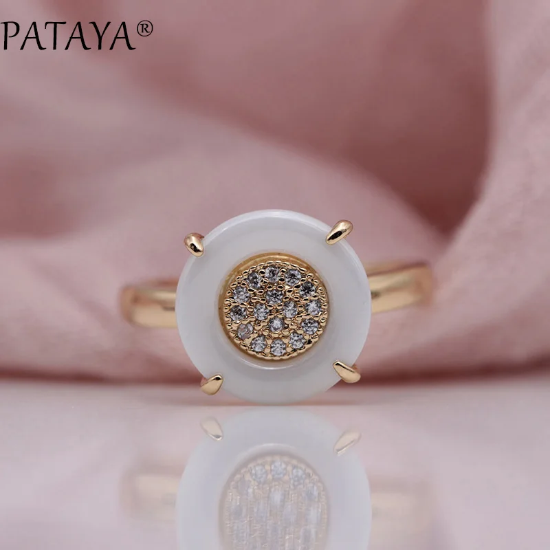 Новое керамическое кольцо PATAYA, 585, розовое золото, белый натуральный циркон, круглое кольцо для женщин, для свадебной вечеринки, милый подарок, роскошные ювелирные изделия