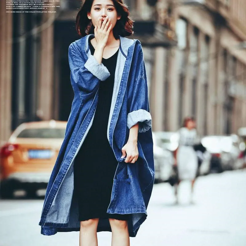 

2018 New Autumn Fashion Casual Long Sleeve Cowboy Windbreaker Long Fund Bf Wind Loose Hooded Coat Woman Denim Jacket