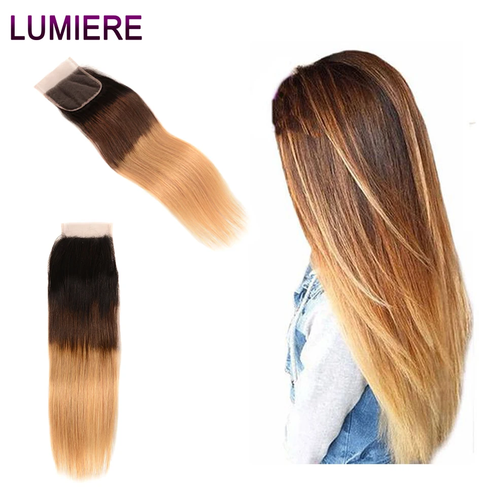 Lumiere Hair Ombre Peruvian Straight 4*4 Lace Closure Human Hair T1B/4/27 Non Remy Hair Closure baby hair 8-20 Inch 150% density