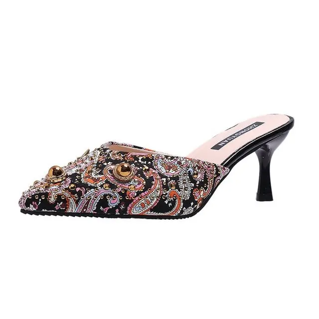 Женские модные летние туфли на высоком каблуке-шпильке с заклепками и металлическими украшениями; тапочки мюли без задника; повседневная женская обувь; A650 - Цвет: colorful