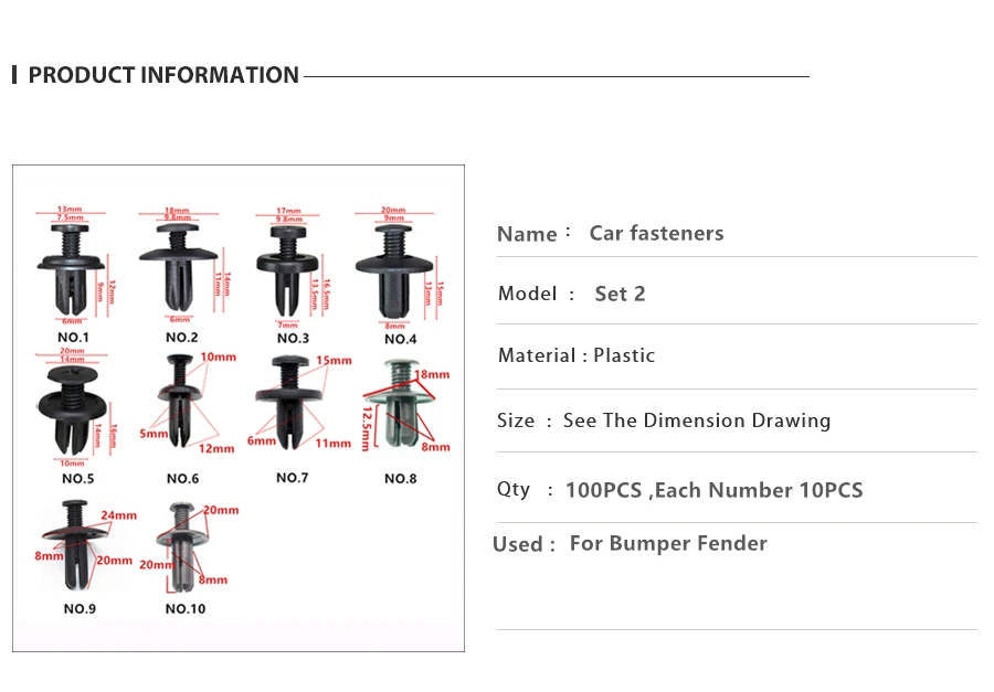 100 шт, разные универсальные 5 мм, 6 мм, 7 мм, 8 мм, 9 мм, 10 мм, автомобильные крепления из пластика, зажимы для всех автомобилей, винтовые заклепки
