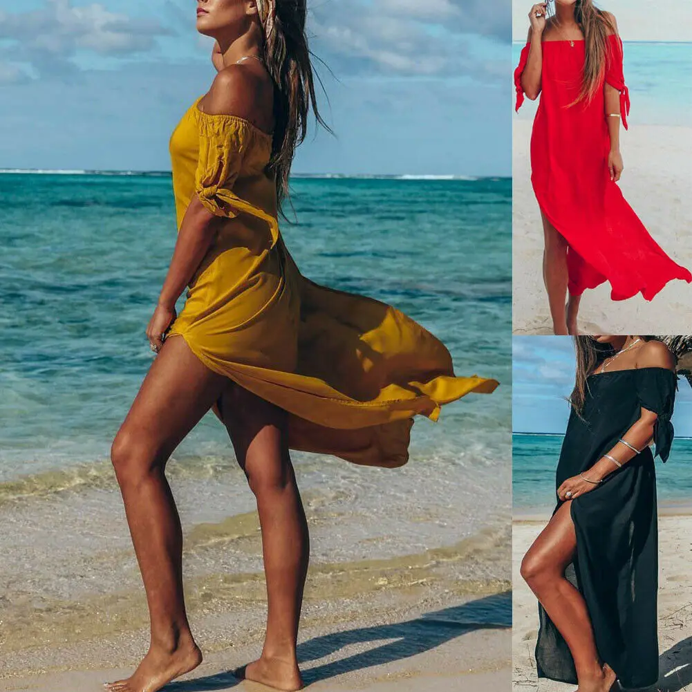 

Summer Sexy Womens Beach Maxi Dress Cover-Ups Split Cocktail Party Beach Off Shoulder Dresses Female Casual Bechwear Sundress
