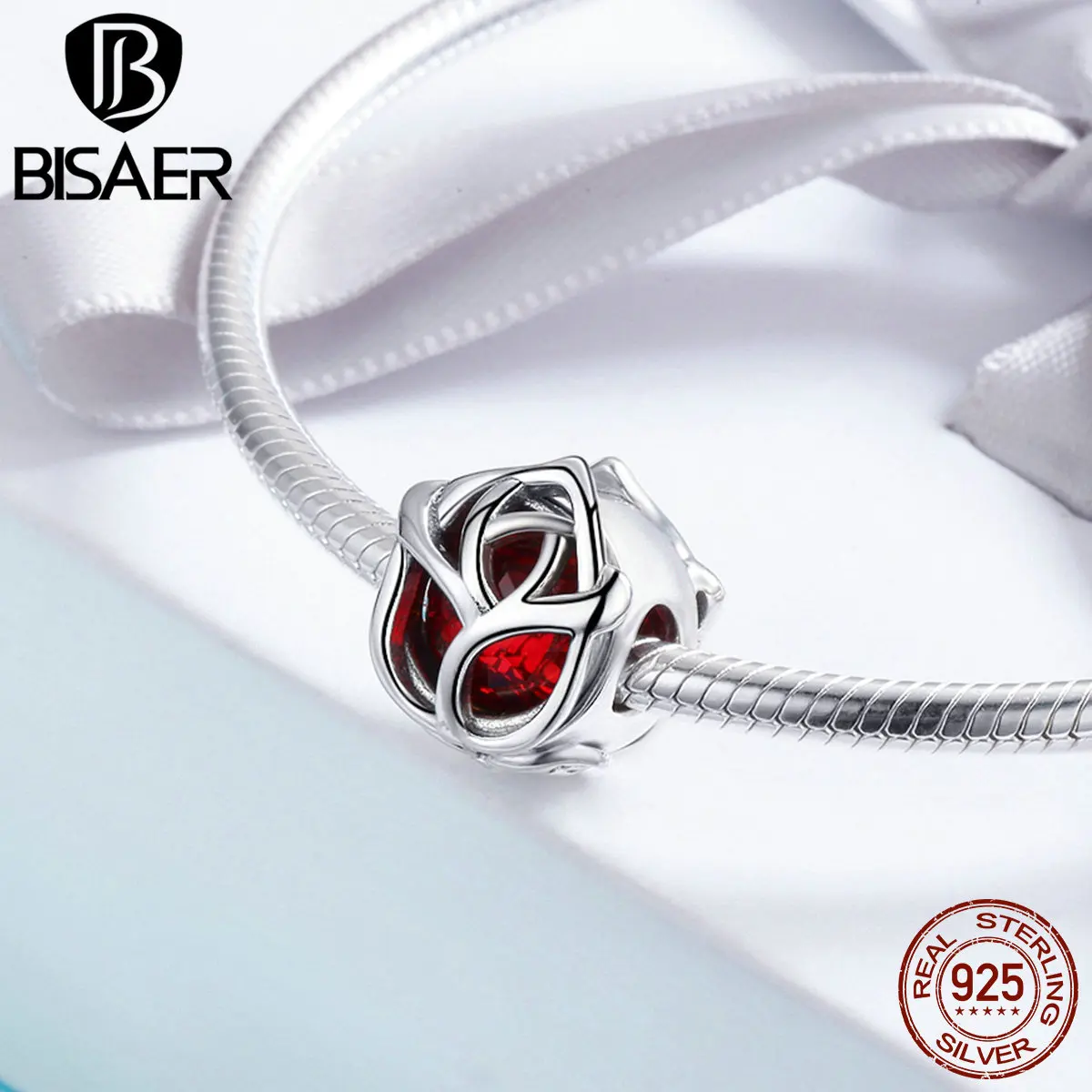 Online BISAER 100% 925 Sterling Silber Perles Romantische Rote Rose Blume Form Charme Perlen fit Charme Armband 925 Silber Schmuck GXC568
