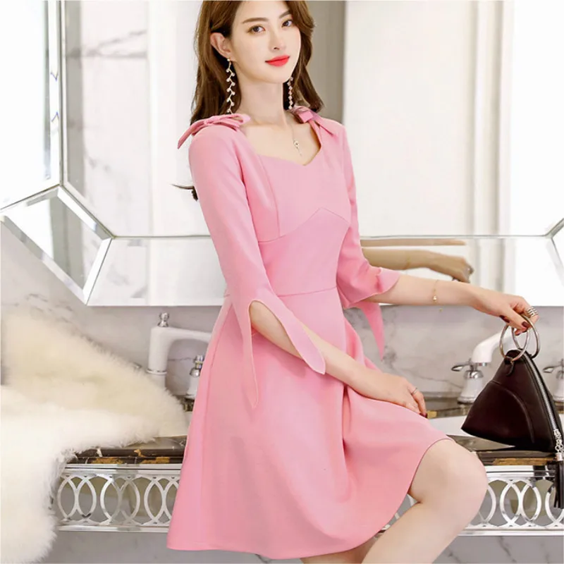 

modis 2019 spring summer new fashion Back bandage mini dress plus size Solid color Work dress women's Korean dresses Short dress