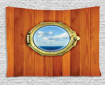 

Nautical Decor Collection, Porthole on the wooden background window Ship at the old sailing vessel, Bedroom Living Room Dorm