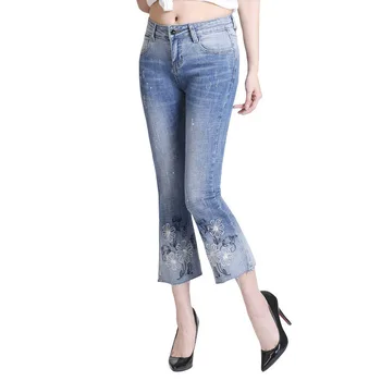 

2017 Europe Vogue Women's Clothing Slim Denim Jeans Embroidered Stretch Boot Cut Pants Female Cotton Denim Jeans