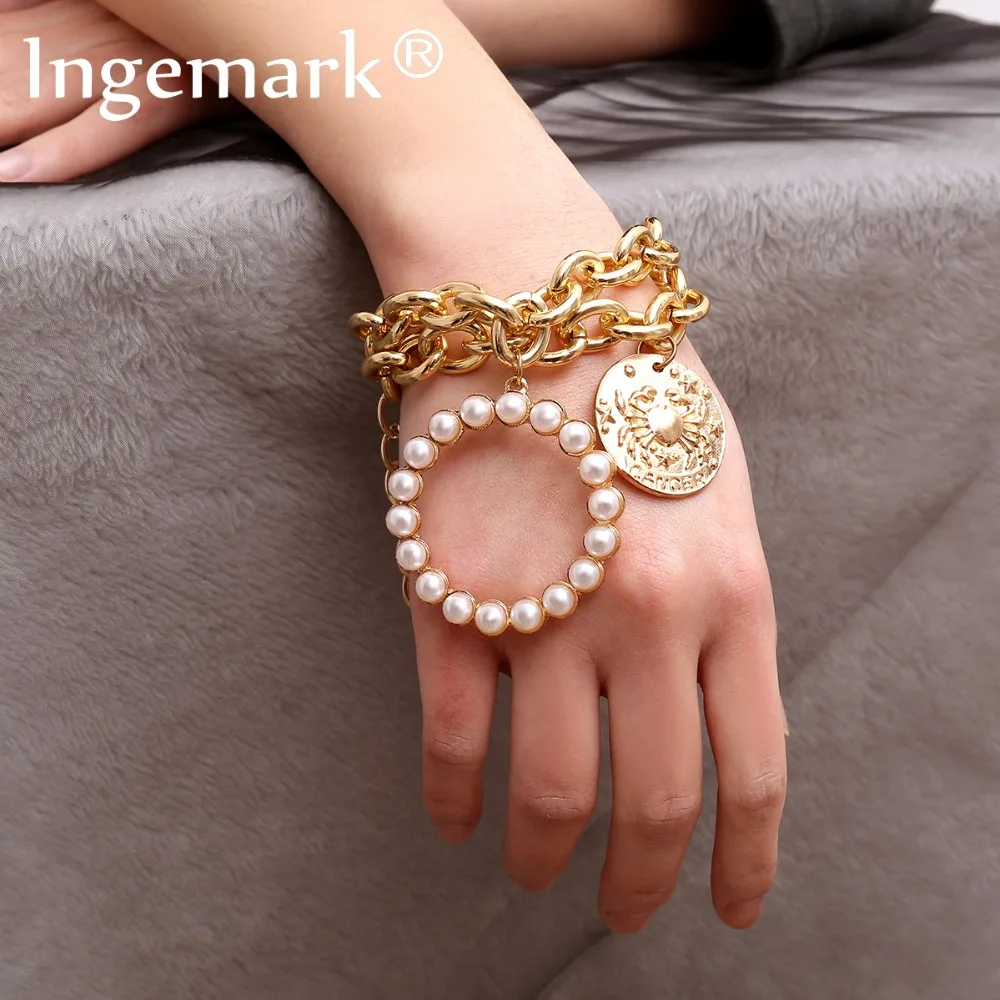 

Ingemark Bohemia Round Imitation Pearls Pendant Bracelet Bangle Women Punk Carved Coin Crab Thick Chain Bracelets New Year Gift