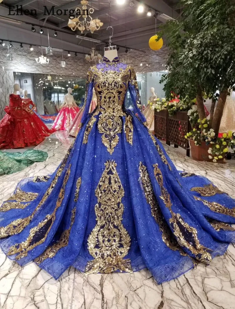 Свадебные платья Королевского синего цвета с длинным рукавом 2019 высоким горлом и
