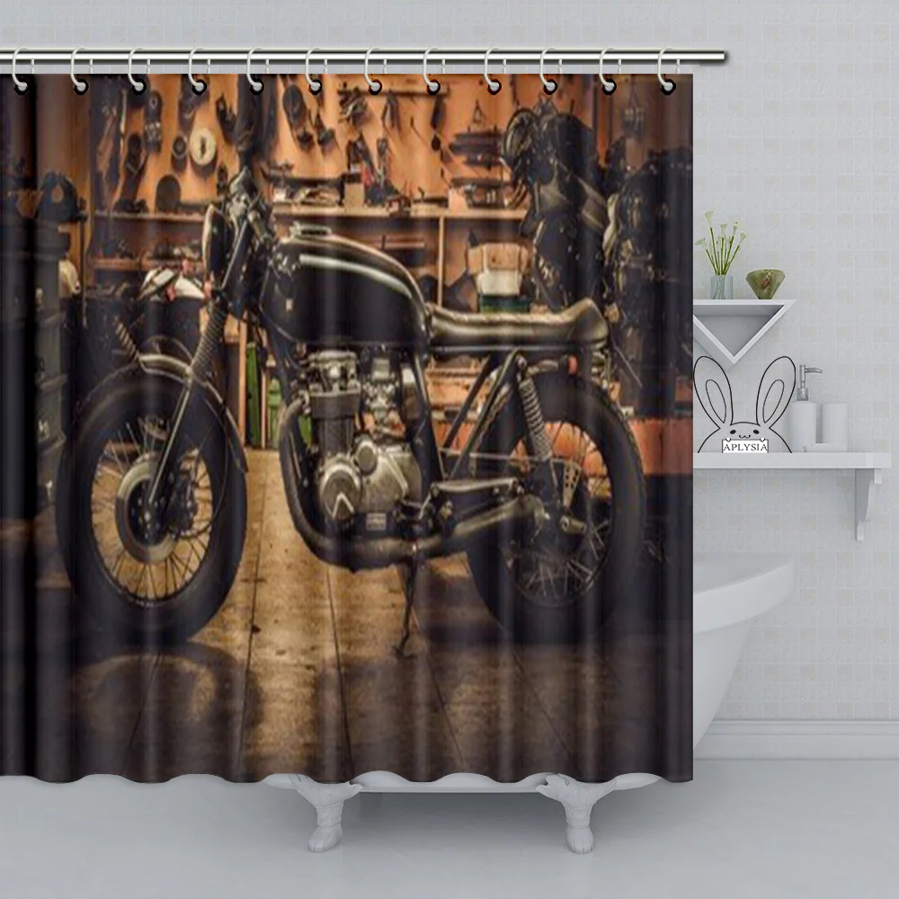 Retro Man Cave Old Motorcycle Parked Beside The Red Brick Wall