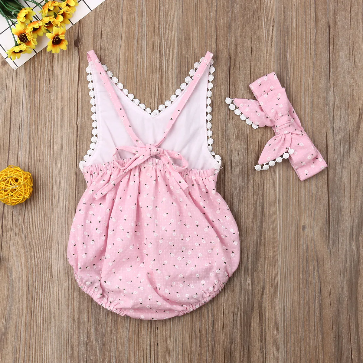 Детская летняя одежда комбинезон с цветочным рисунком для новорожденных девочек, боди, одежда повязка на голову, 2 предмета, аксессуар с кисточками без рукавов