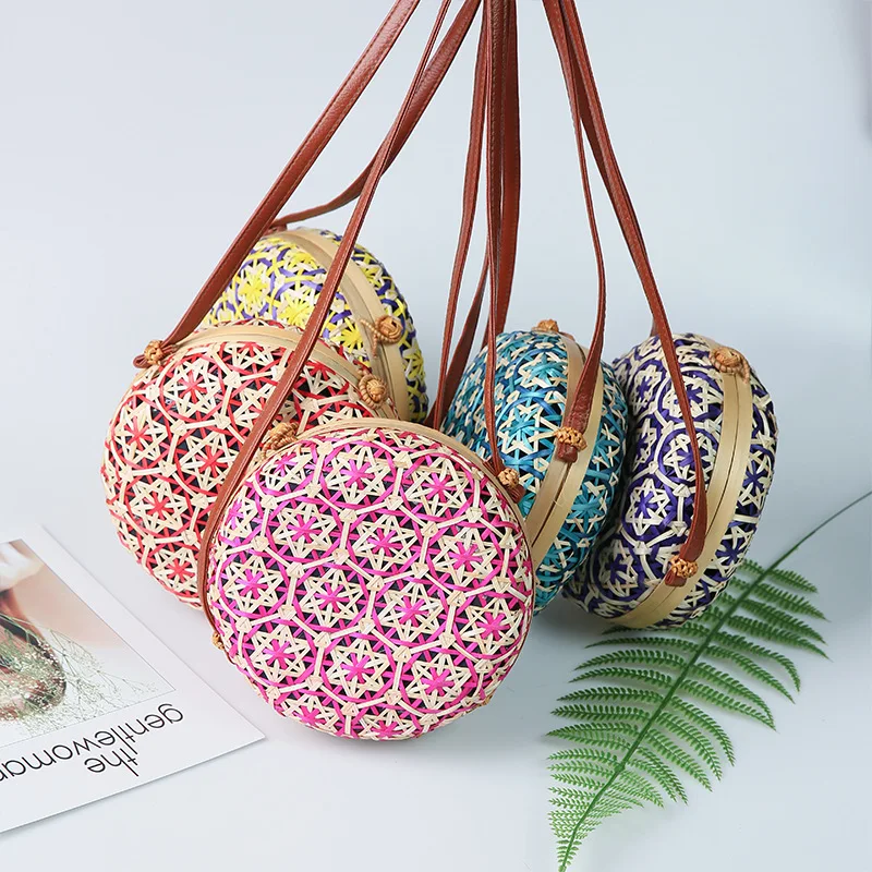 

New Round Straw Beach Bag Circle Rattan Bag Women Handbag Colorful Flower Pattern Female Message Shoulder Bag