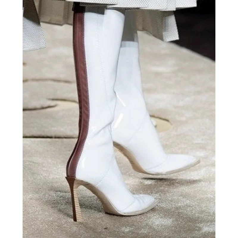 Королевский Belle/ г. эластичные вязаные сапоги на высоком каблуке с буквенным принтом пикантные сапоги для подиума с острым носком брендовые Дизайнерские Сапоги до колена из натуральной кожи