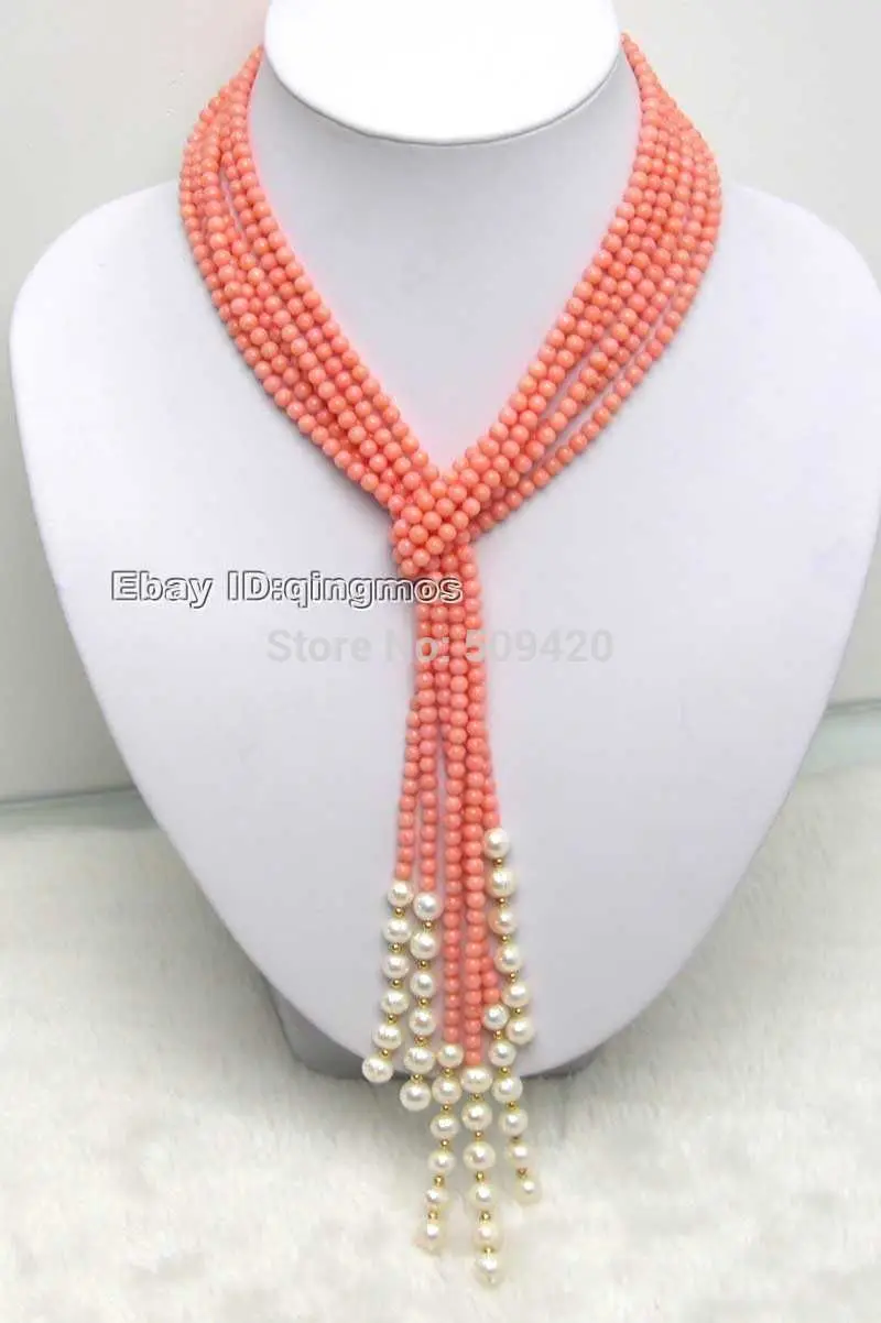 

~~ WholesaleSALE Long 45" Natural 3 Strands Pink round Coral & White Pearl Necklace