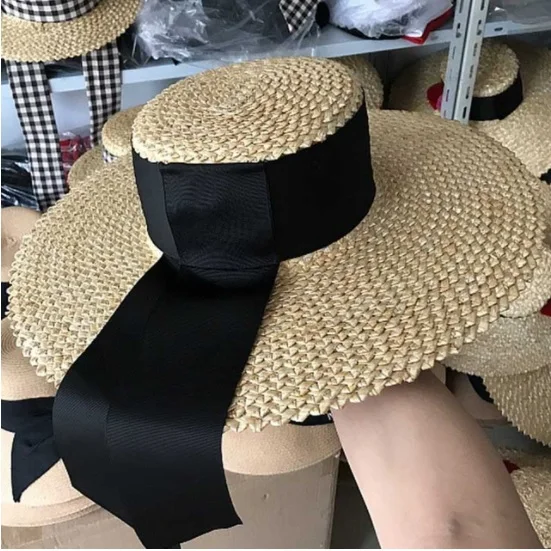Женские плетеные шляпы от солнца ручной работы с черной лентой на шнуровке, соломенная шляпа с большими полями, пляжная шляпа для улицы, летние шапки для поездок, женские шапки - Цвет: 12cm brim style 4