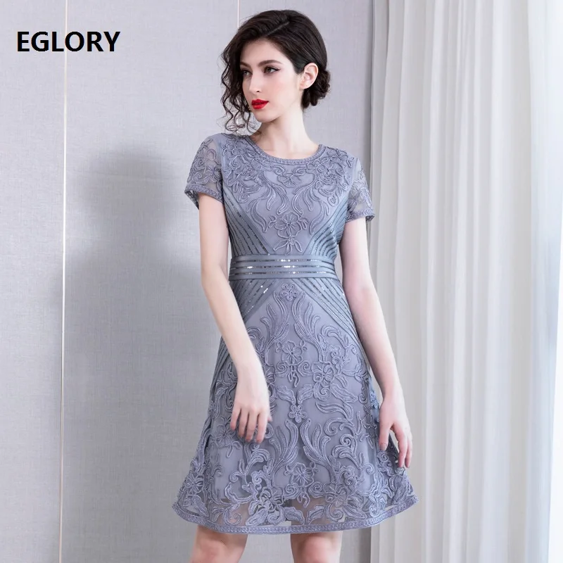 

XXXXL Dress Vestidos De Festa 2019 Summer Style Women O-Neck Allover Appliques Embroidery Short Sleeve Grey Yellow Dresss Events