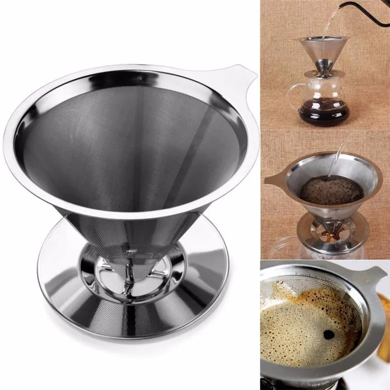 

Stainless Steel Cone Coffee Mesh Filter Strainer Baskets Reusable Coffee Dripper Pour Over with Stand Holder Cafe Tool