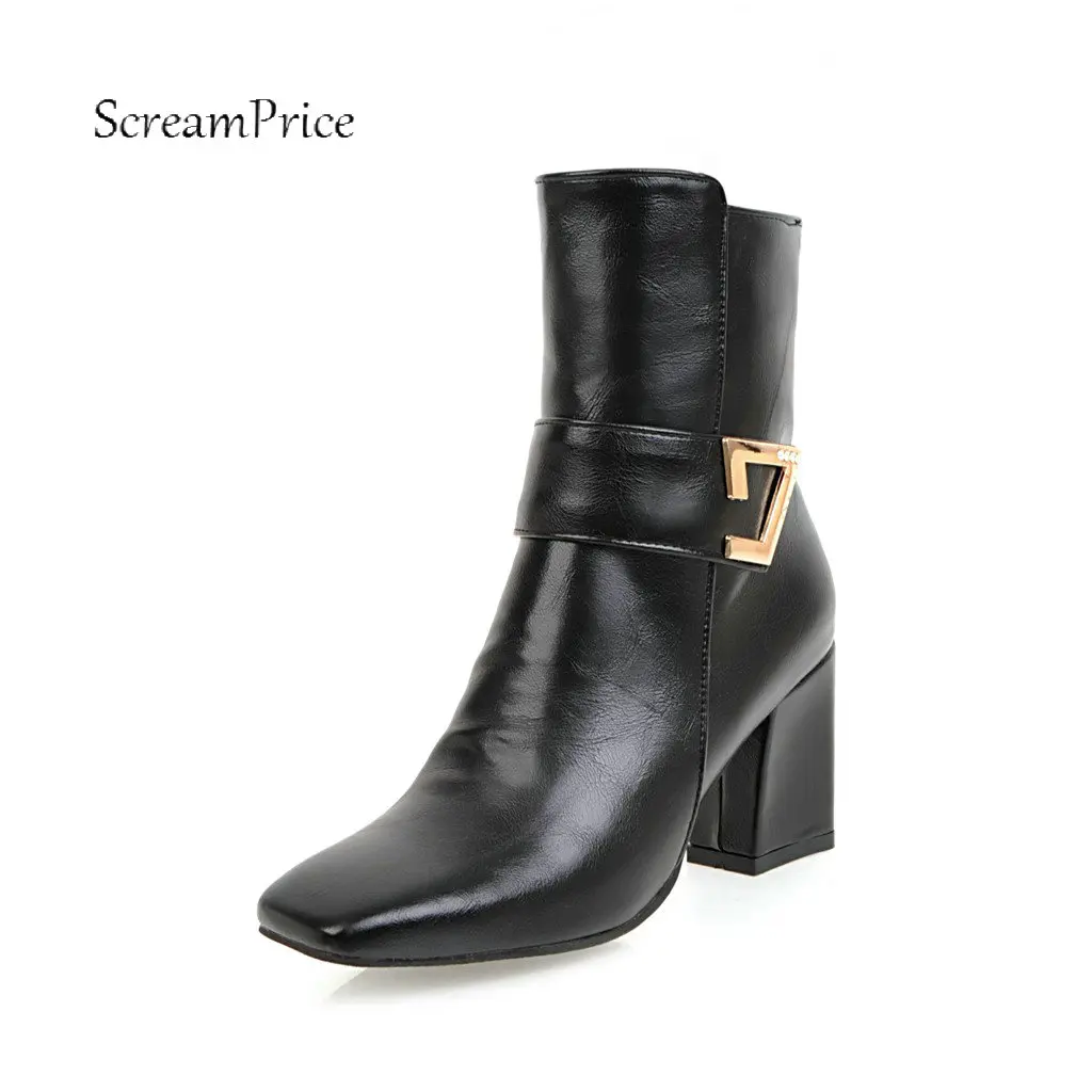 

Women Fashion Suqare Toe Boots Pu Leather Thick High Heel Ankle Boots Zipper Winter Plus Size Woman Shoes 2018 White Black Red