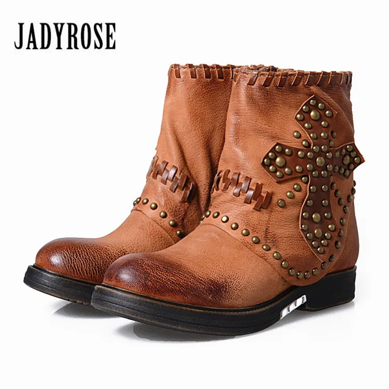 

Jady Rose Retro Women Ankle Boots Rivets Studded Genuine Leather Flat Short Booties Autumn Winter Female Platform Riding Boot