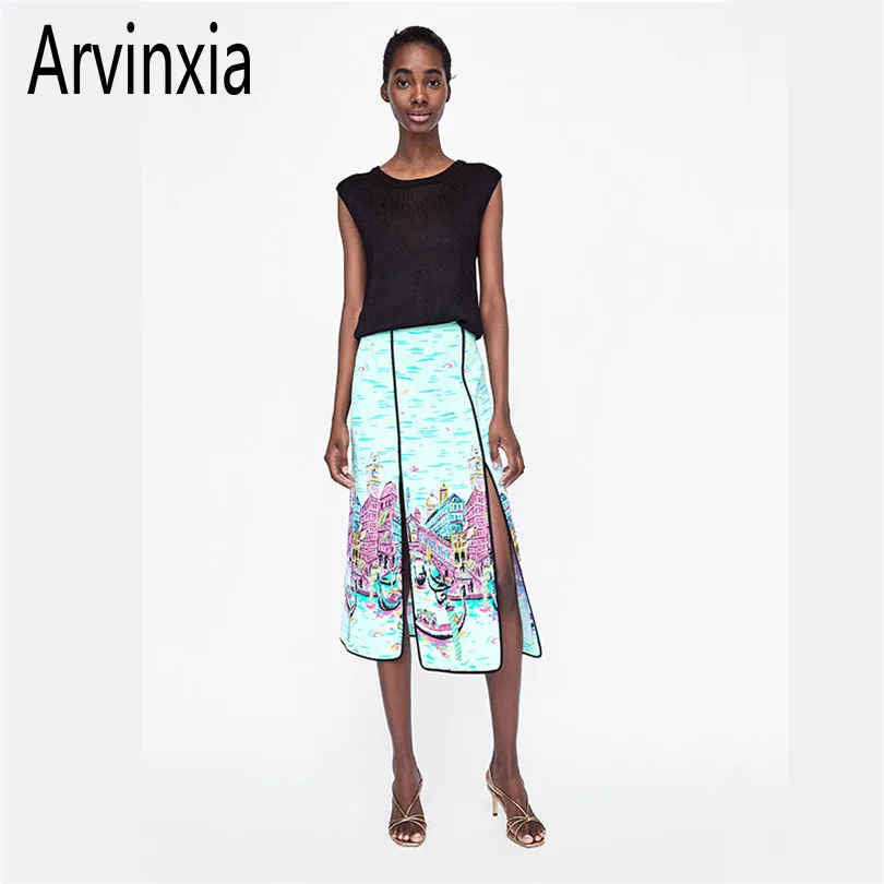 

Arvinxia ZA Casual Printed Decoration Vintage Women Skirts New Arrivals Straight Woman Midi Fashion Back Zipper Split Out Skirt