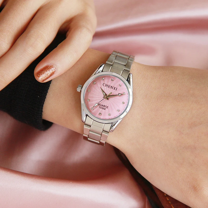 

Women Watches Brand CHENXI Pink Color Rhinestone Silver Stainless Steel Quartz Lady Wristwatch Fashion Casual Watch Woman
