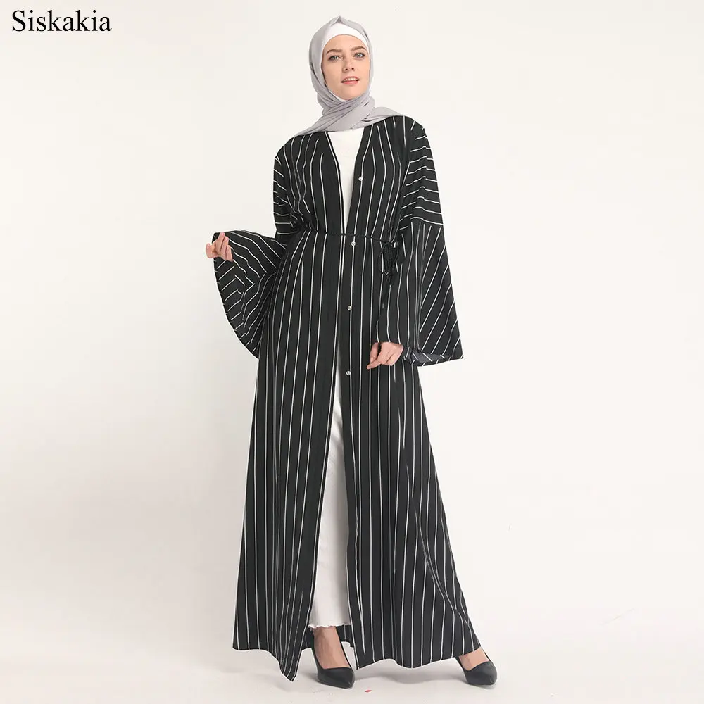 Siskakia Muslim Elegant Stripe Patchwork Single breasted Cardigan Robe Abaya Women Eid High Waist Flare Sleeve Slim Sashes Abaya (1)