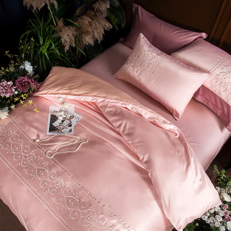 Белый, серебристый, розовый хлопковый комплект постельного белья с имитацией шелка, роскошный комплект постельного белья, постельное белье с вышивкой, пододеяльник