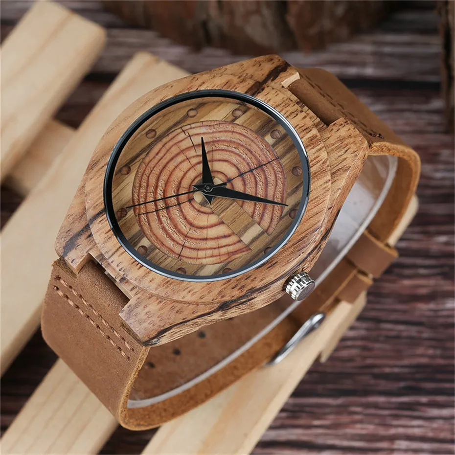 Creative Brown Bamboo Growth Ring Natural Handmade Men Quartz Wrist Wooden Watches Genuine Leather Band Sports Clock Gifts (13)