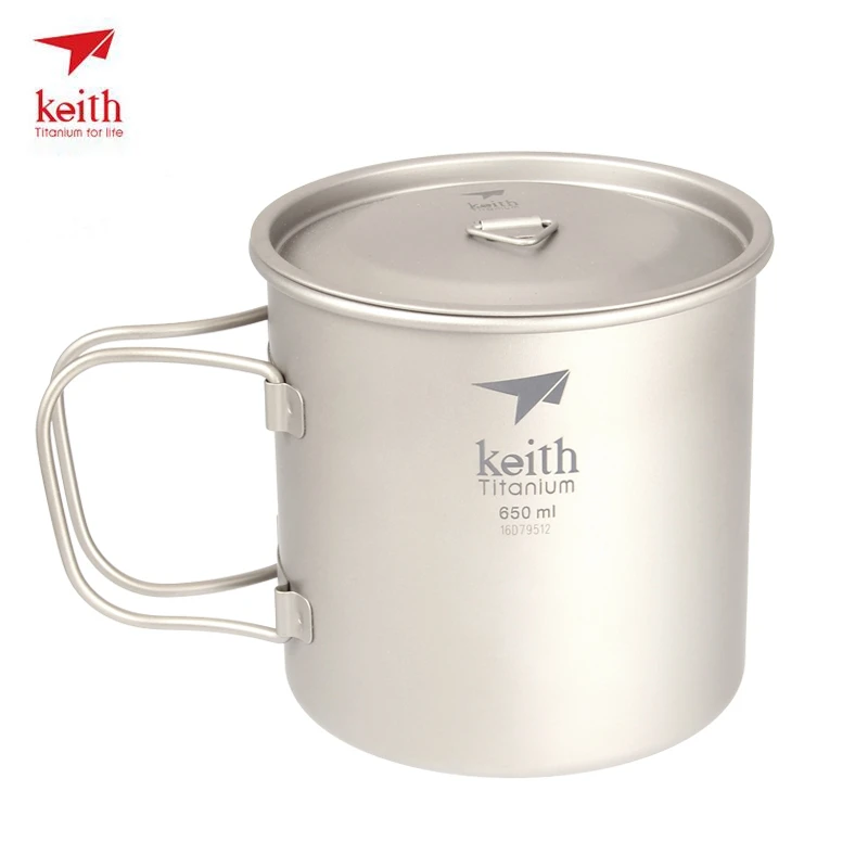

Keith Titanium Water Mugs Single Wall Cup Camping Travel Hiking Drinkware With Folding Handles Titanium Lids 650ml Ti3208