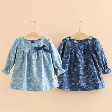 Детская блузка для девочек коллекция года, весна-осень, для детей возрастом от 2 до 10 лет, подарок на день рождения, с круглым вырезом, с цветочным принтом, милая голубая рубашка с длинными рукавами и бантом для девочек