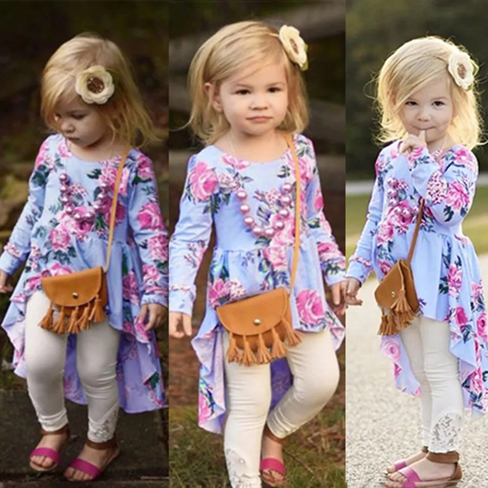 

Kids Girls Princess Spring 2019 Dress Party Cotton Long Sleeve Floral Print Ruffles Kids Dresses For Girls Children Dress